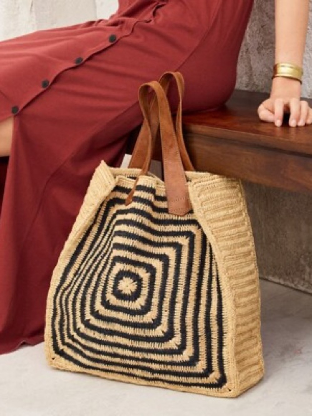 Mar Y Sol Panama Tote Black Tan Raffia Palm Leather Handle Beach Bag - Picture 3 of 15